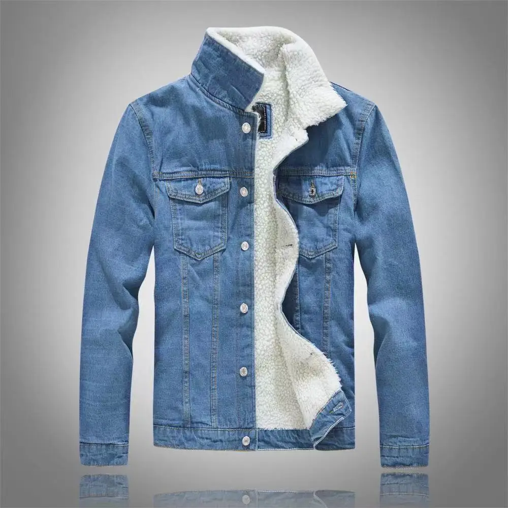 

Men's Winter Thiened Fce Denim Jaet Slim Fit Trendy Lamb Velvet Jaet Youthful Long Sve Button Decorated Outerwear