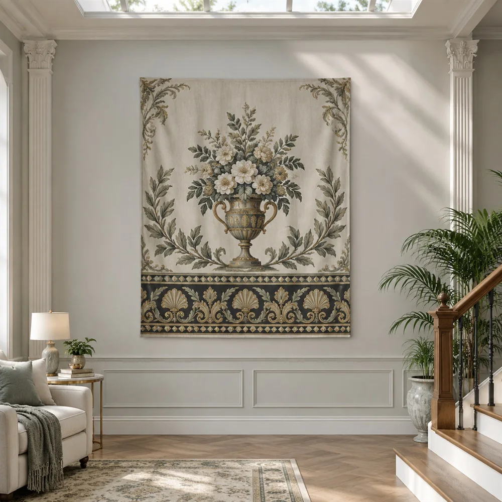 VIKAMA Classic Vase Bouquet Layered Bands Tapestry Wall Hanging, Neoclassical Wall Art Tapestries for Study Living Room Bedroom