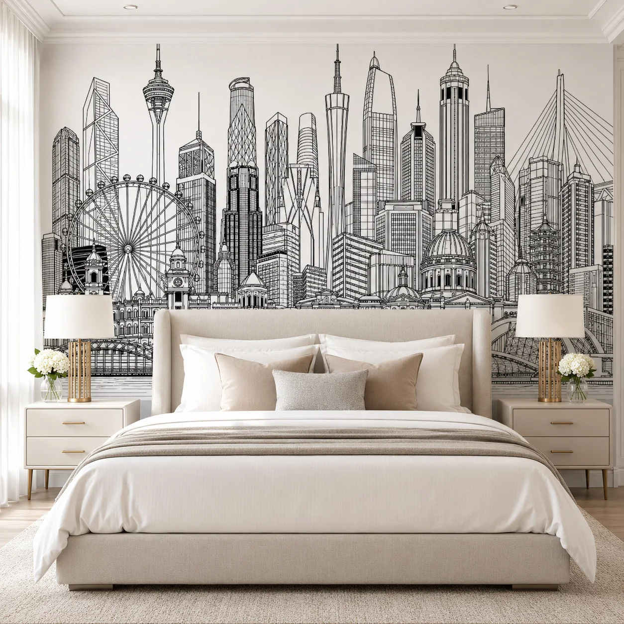 Black White City Skyline Wallpaper Mural Modern Urban Line Art Wall Covering Living Room Bedroom Decor Non Woven Wallpaper