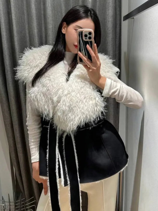 

East Gate Large Collar Suede Fur Vest Women's Jaet Warmth Simulation Fur Leather And Fur Inteated Coat