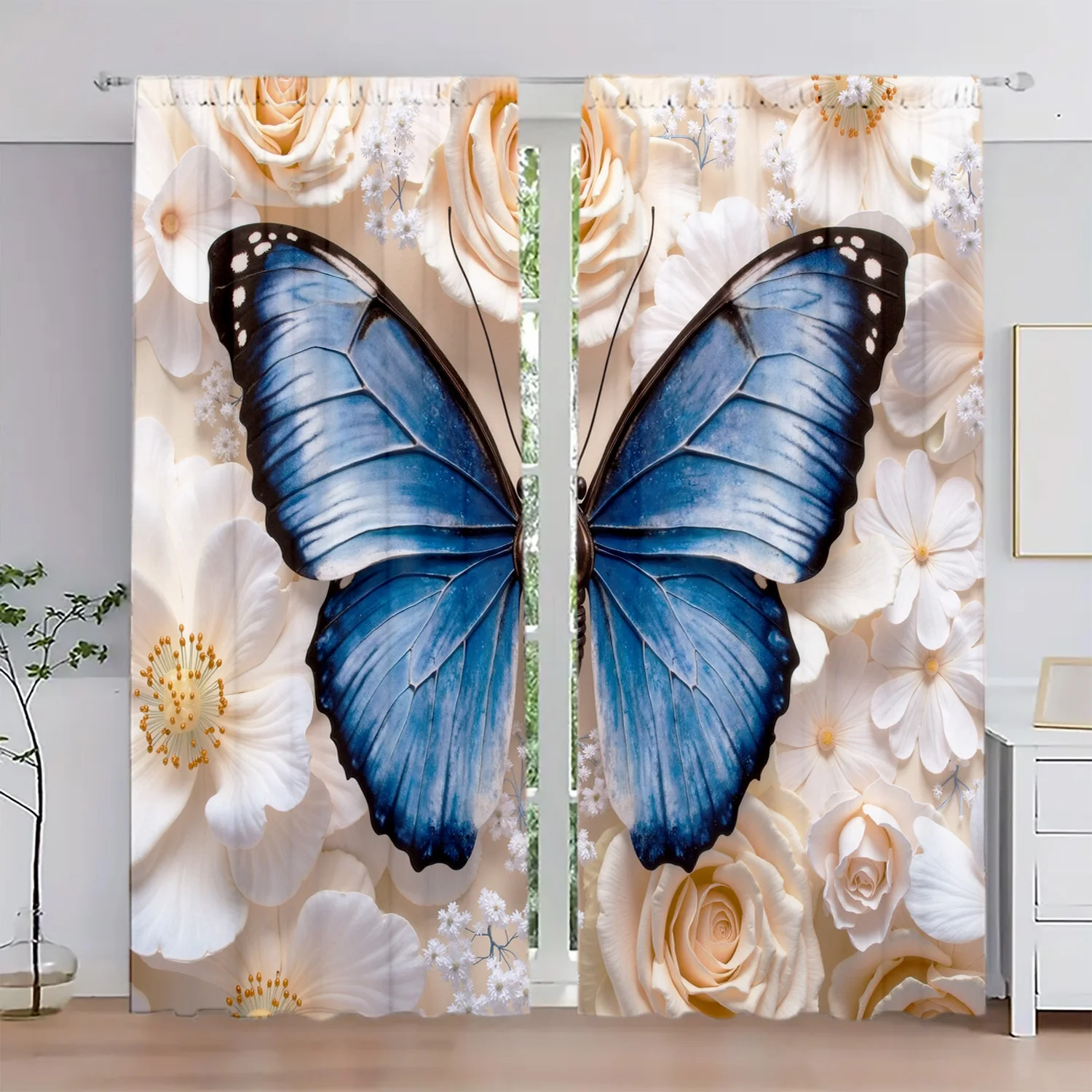 Soft Cream Floral Butterfly Curtain 2 Panels Giant Blue Moth White Bloom Inn Room Gentle Peaceful Bedroom Home Decor