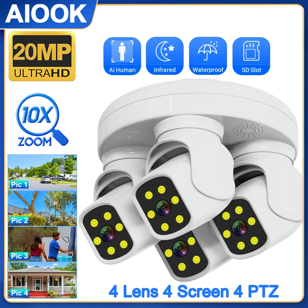 AIOOK ICAM365 أربعة عدسة واي فاي كاميرا HD 20mp 10X التكبير في الهواء الطلق كاميرا IP تتبع المحمول للرؤية الليلية كاميرا متحركة اتجاهين الاتصال الداخلي