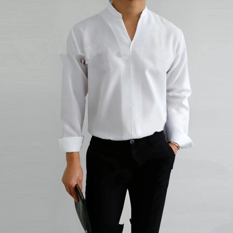 

European and American comfortable men's shirts with stand-upcollarsandsolidcolorssuitable forallfourseasonsforyoungofficeworkers