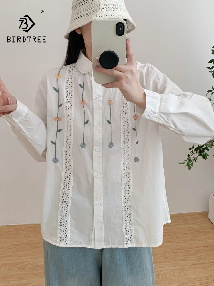 

New 2025 Autumn Cotton Long Sleeve Shirt, Women Turn-down Collar Floral Embroidery, Mori Girl Prairie Chic Loose Blouse T58987CC