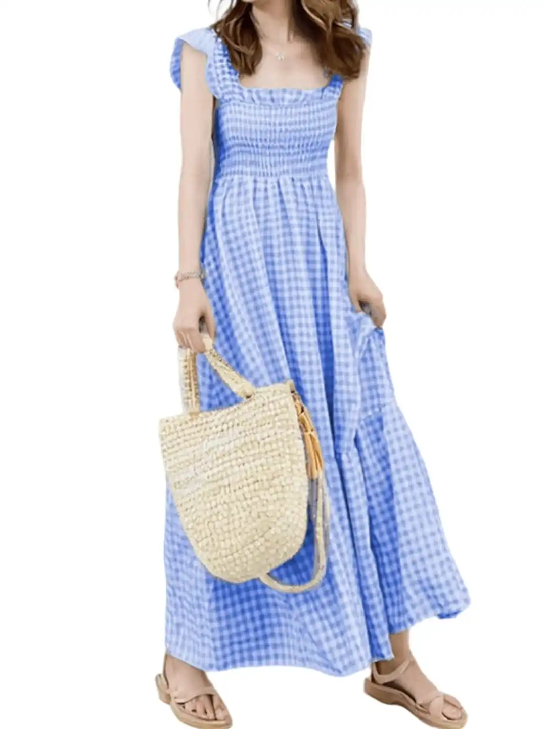 Vêtements d'été pour femmes, Vintage, Plaid froncé, à volants, fines bretelles, robe longue à volants