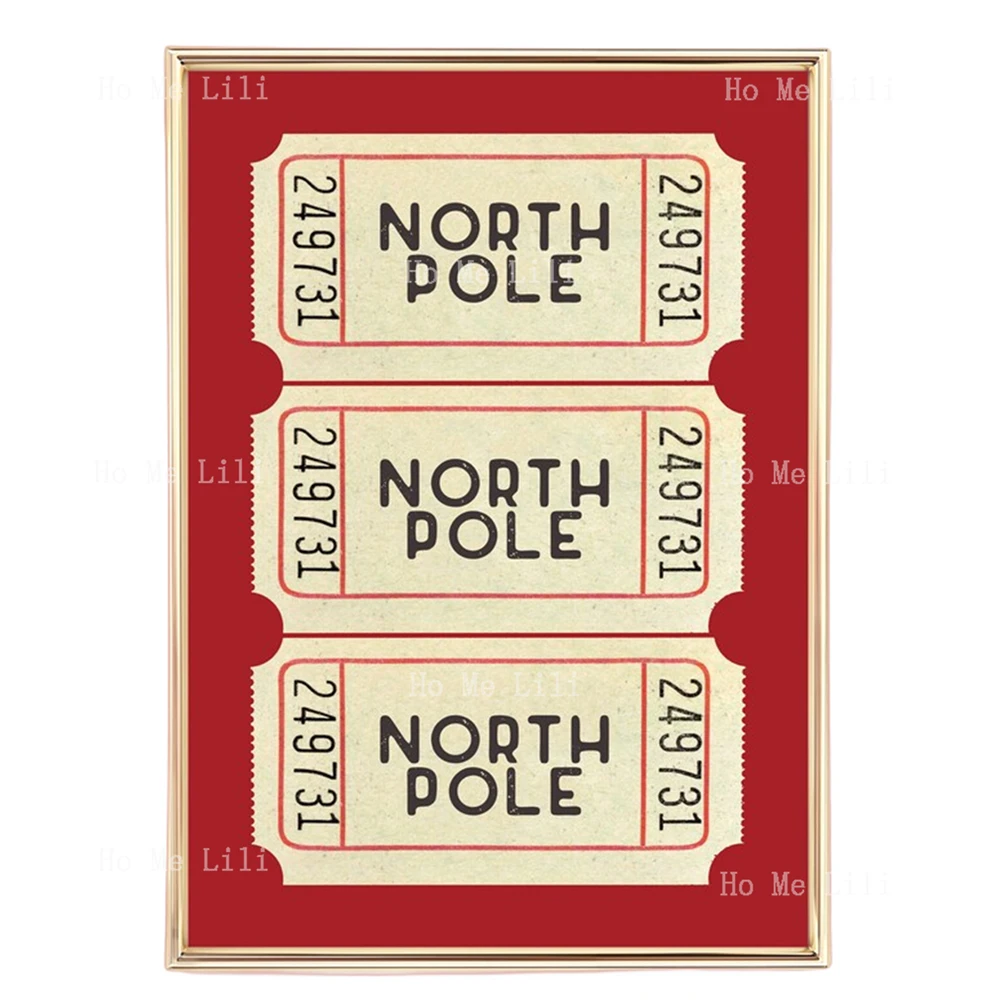 North Pole Ticket Print Red Christmas Wall Art Holiday Decor