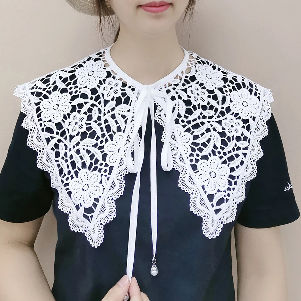 Women Bow tie Fake Collar Accessories Floral Lace Doll Collar Detachable Half Shirt Collar Black White X-G-Xinde