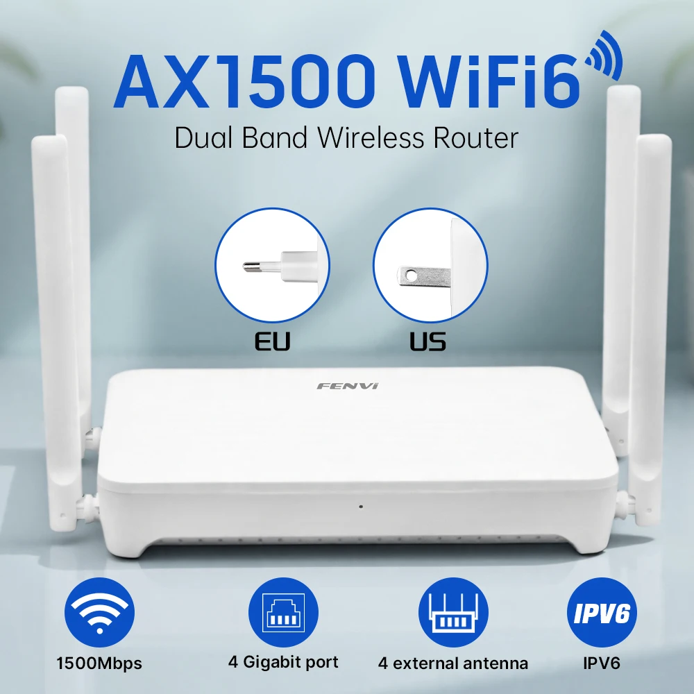 

Fenvi AX1500 WiFi 6 двухдиапазонный беспроводной маршрутизатор 5 ГГц/2,4 ГГц 4 × гигабитные порта с поддержкой сетки дальнего действия для дома/офиса/игр ЕС/США