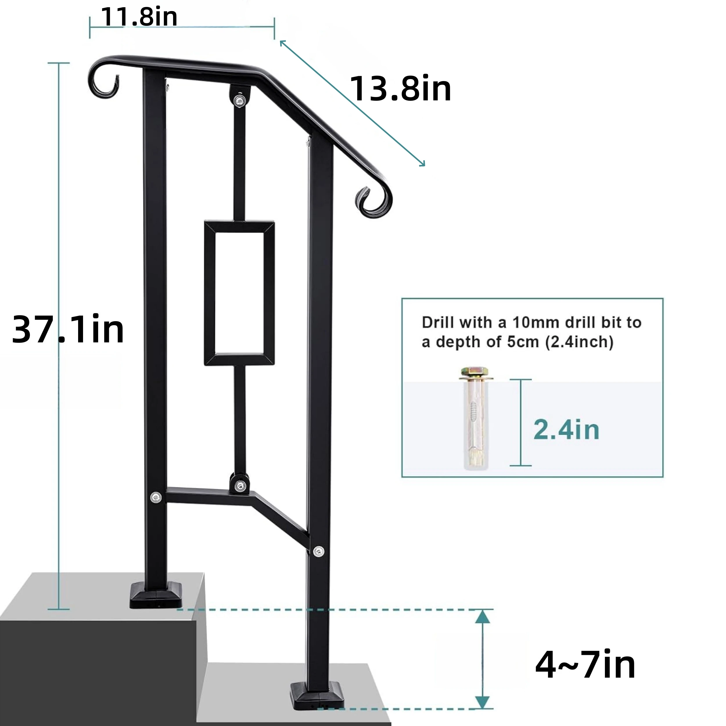 درابزين خارجي أسود - درابزين مزدوج عالي التحمل يناسب خطوة 1-2 مع مجموعة التثبيت - حديد غير لامع للشرفة الخرسانية
