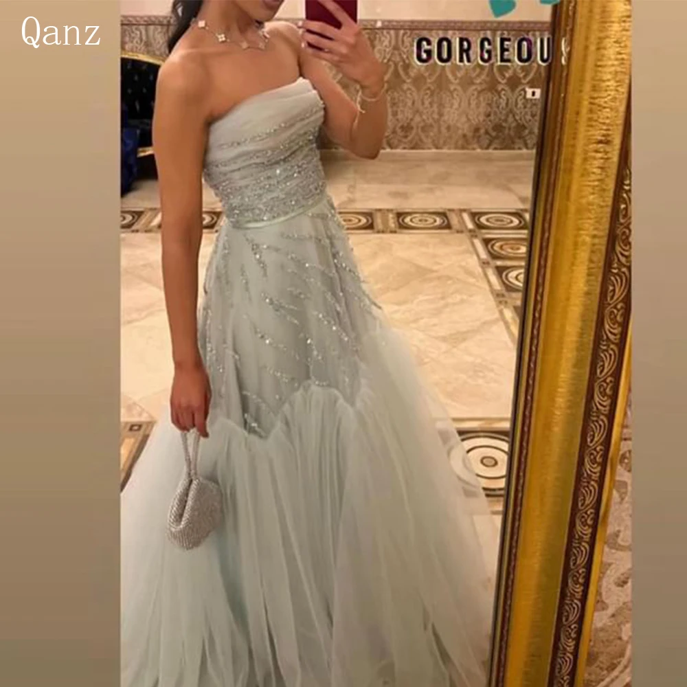 

Qanz Silver Tulle Evening Dresses 2023 Strapless Long A Line Ruched Vestidos De Gala Glitter Beadings Sequins Robes De Soirée