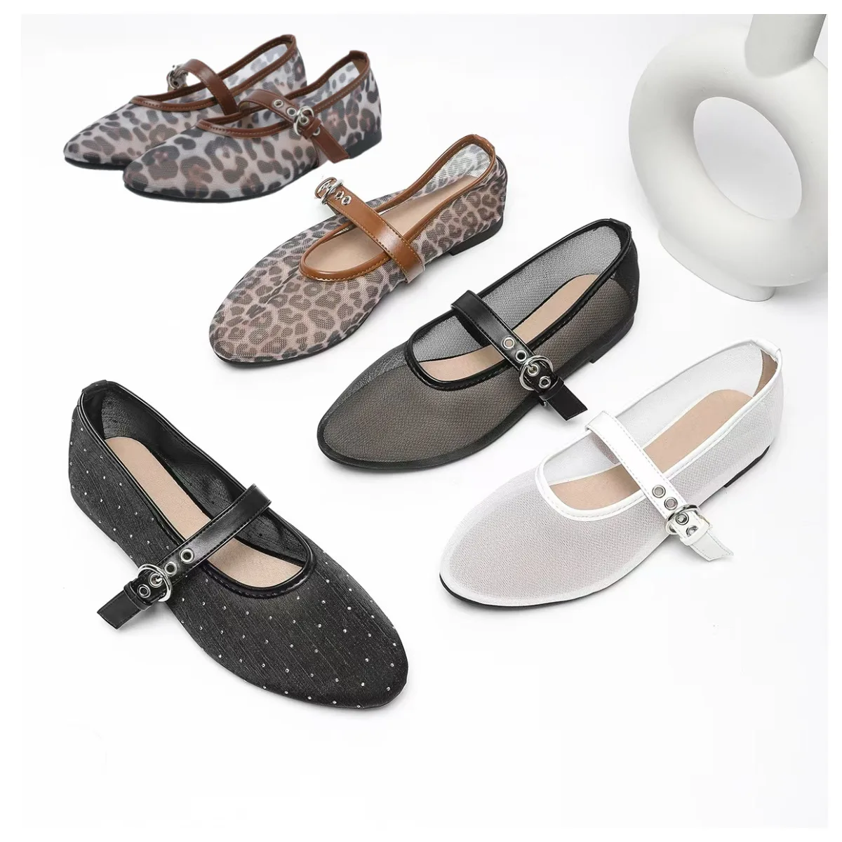 

Women Round Toe Mary Jane Shoes Rhinestone Mesh Flat Shoes Breathable Net Ballet Flats Spring Autumn Casual Footwear