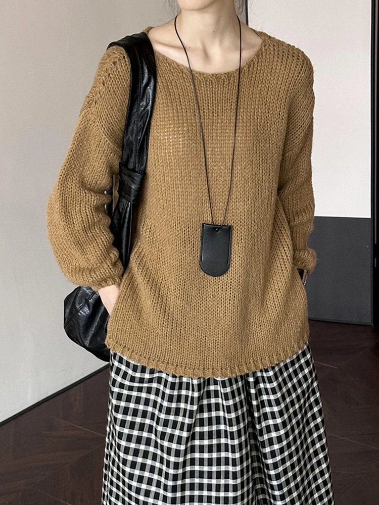 [LANMREM] Office Lady Knitting Pullover Sweater For Women Round Neck Long Sleeve Casual Loose Tops 2024 Autumn New 26C540