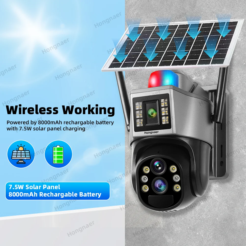 Hongnaer 12MP 6K V380 Pro 10X Zoom Three Lens Wireless Smart Solar Powered Panel CCTV PTZ Outdoor WiFi Security Solar Camera