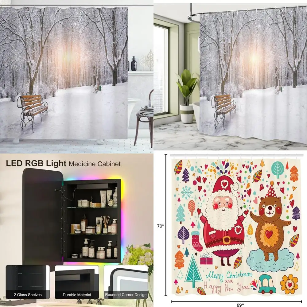 

занавеска для душа со сценой зимнего парка: городские скамейки, среди снежных деревьев на закате