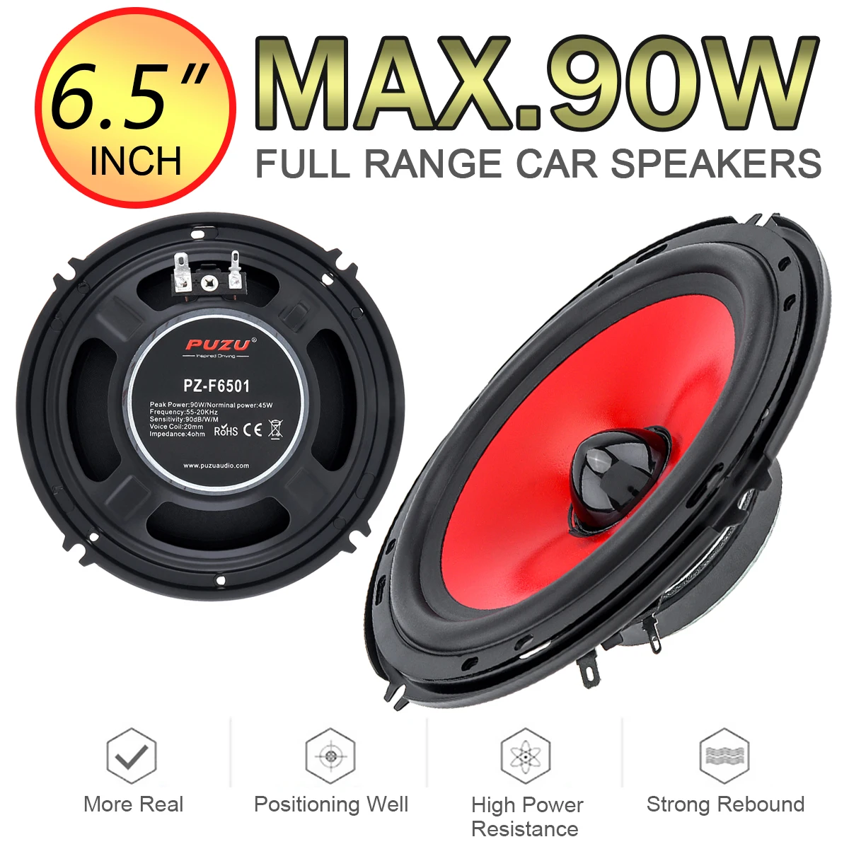 

2pcs 6.5Inch Car Audio Speakers 90W Full Range Frequency Heavy Mid-bass Ultra-thin Modified Speaker Non-destructive Installation