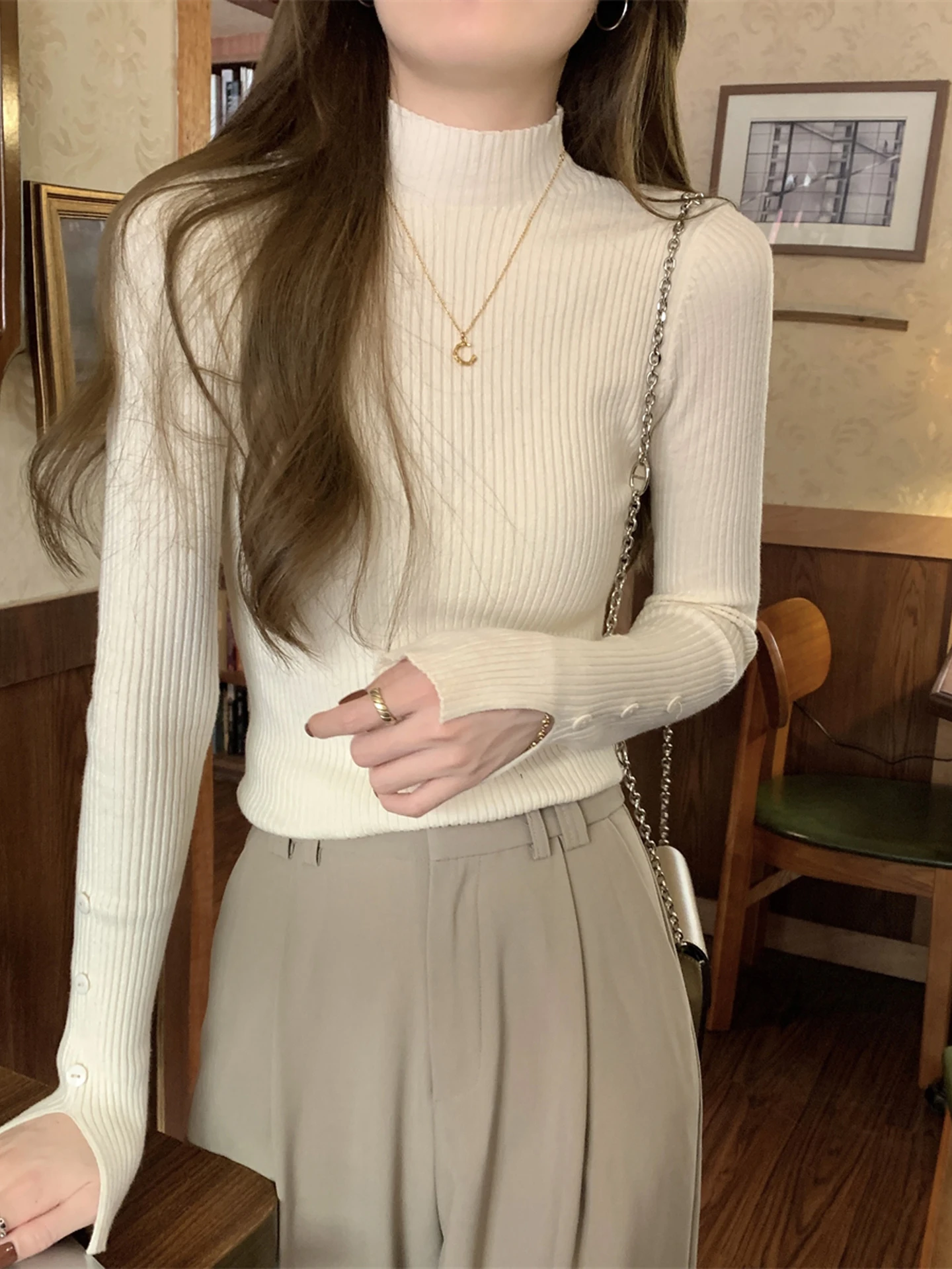 

Sli Early Autumn Knitted Sweater Women's f High Collar Inner Wear Soft Long Sve Faionable Top Outerwear