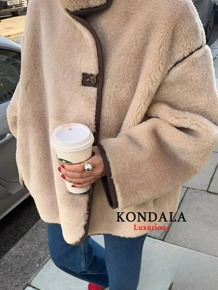 

KONDALA винтажные шикарные женские меховые куртки, однотонные однобортные свободные пальто с длинными рукавами и карманами, новая мода 2024, осенняя верхняя одежда