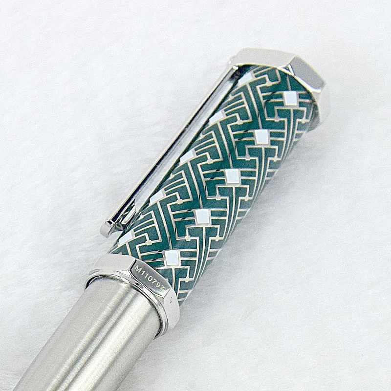 AGD Heptagon S-Dumont CT Luxury Green Square-Line Pattern Ballpoint Pen Silver Trim With Serial Number Writing Smooth