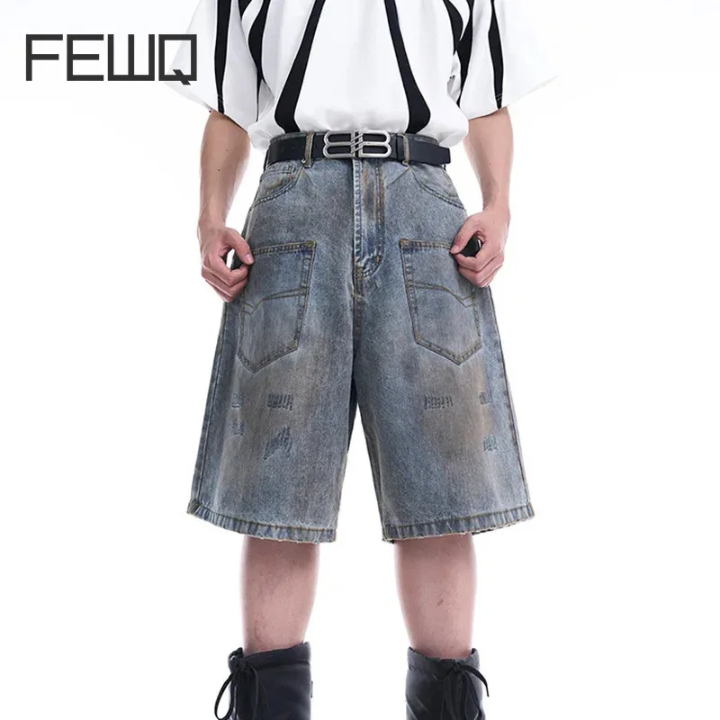

FEWQ Men's Niche Pockets Design Denim Shorts Men's Wornout 2024 Vintage High Street Korea Fashion Male Trousers 24E1513