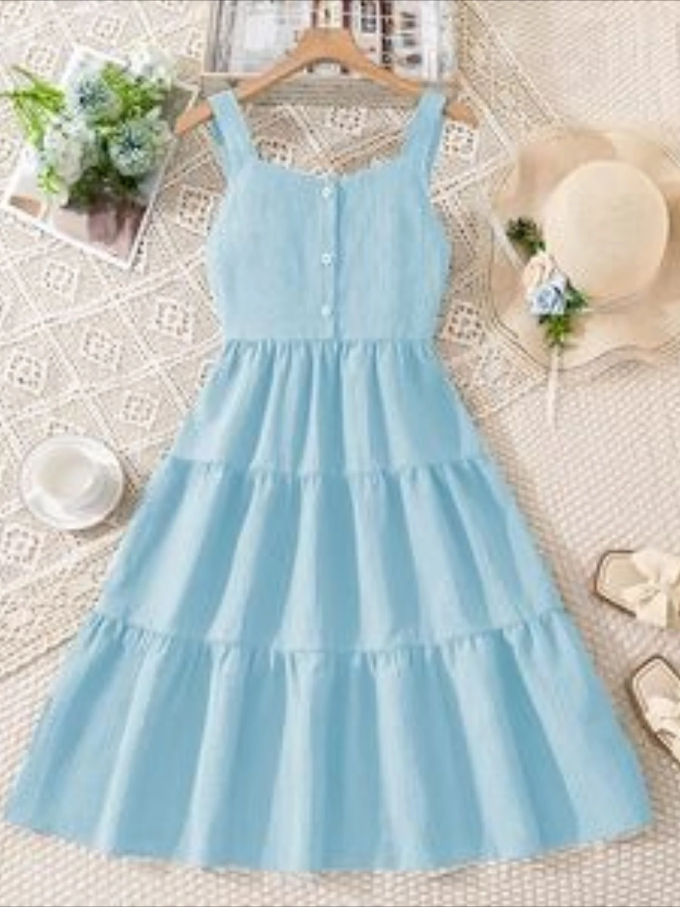 Girls' Spring and Summer New Fashion Casual Suspender Backless Dress with Bow, Waist-Cinching, and Flared Skirt