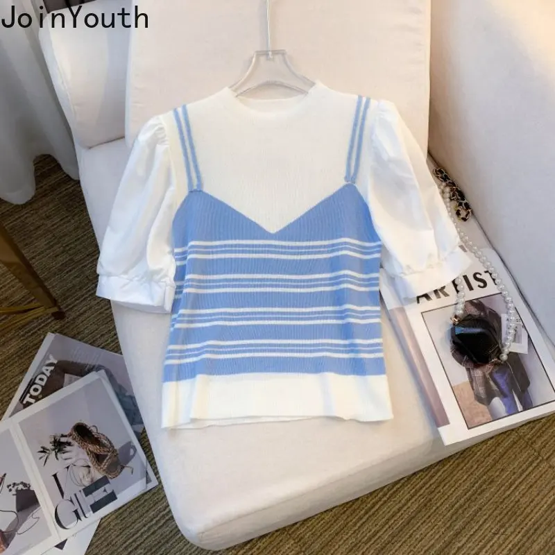 2023 Ropa Mujer Shirts for Women Chic Fake Two Tshirt Patchwork Contrast Color Knitted T Shirts Crop Tops Fashion Summer Tees