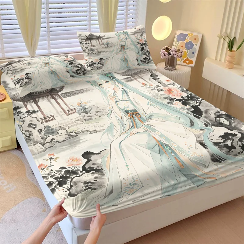 3点セット-初音ミク-漢服風フィットシーツセット-水墨画アニメベッドカバー-枕カバー付き-ディープポケット-ティーン向け-ファンルームデコレーションギフト