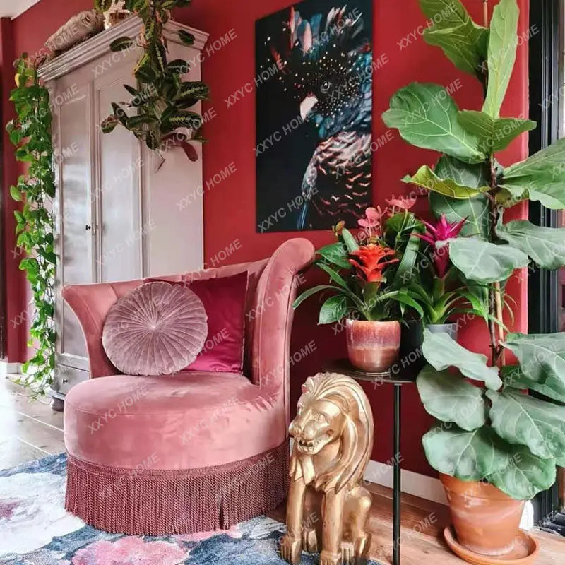 Retro Velvet Fringed Single Sofa  Pink Nostalgic Armrest Leisure Chair Round