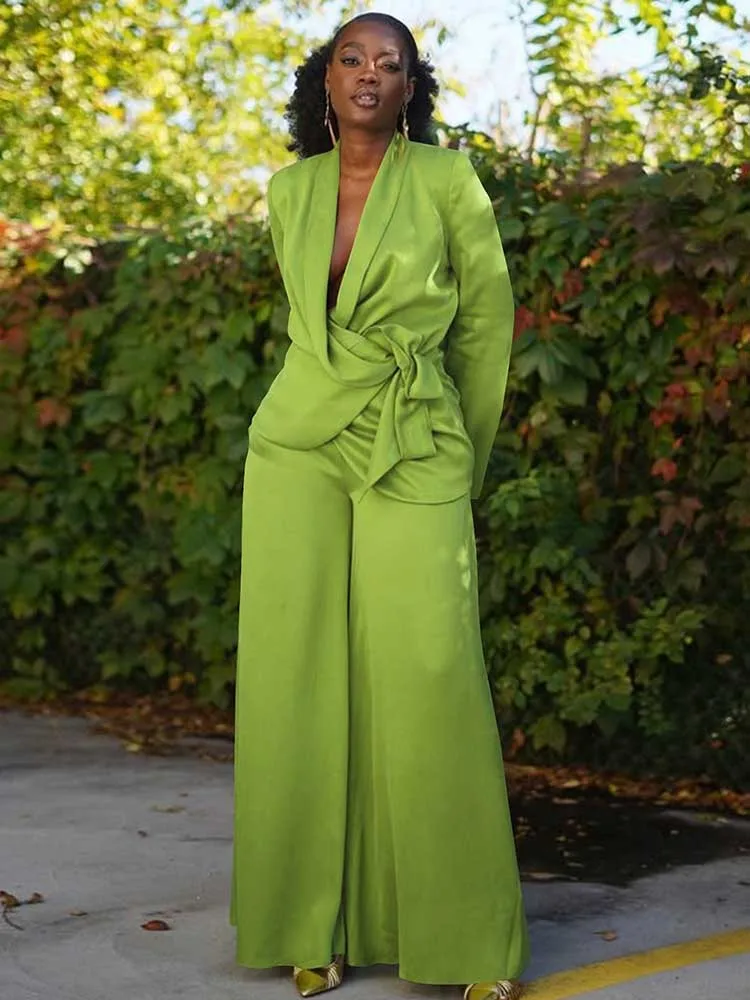 

Женская одежда Комплекты из двух предметов Осенняя уличная одежда Блейзер с длинным рукавом и глубоким v-образным вырезом Костюм с широкими брюками Элегантные женские комплекты