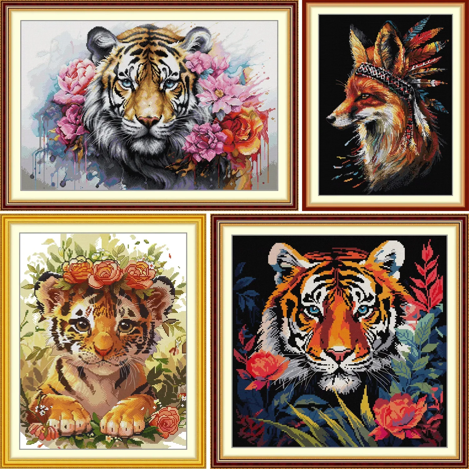 Joy Sunday News Cross Stitch Kit for Beginner- Tiger and Fox Pprinted Easy Pattern Aida Stamped Kits Embroidery Set with DMC