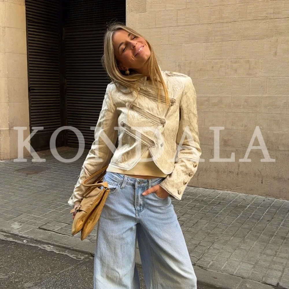 KONDALA 2026 Primavera Verano Chaquetas Cortas Elegantes para Mujer con Epaulettes, Moda Casual, Cuello Alto, Cierre de un Solo Botón, Abrigos para Dama