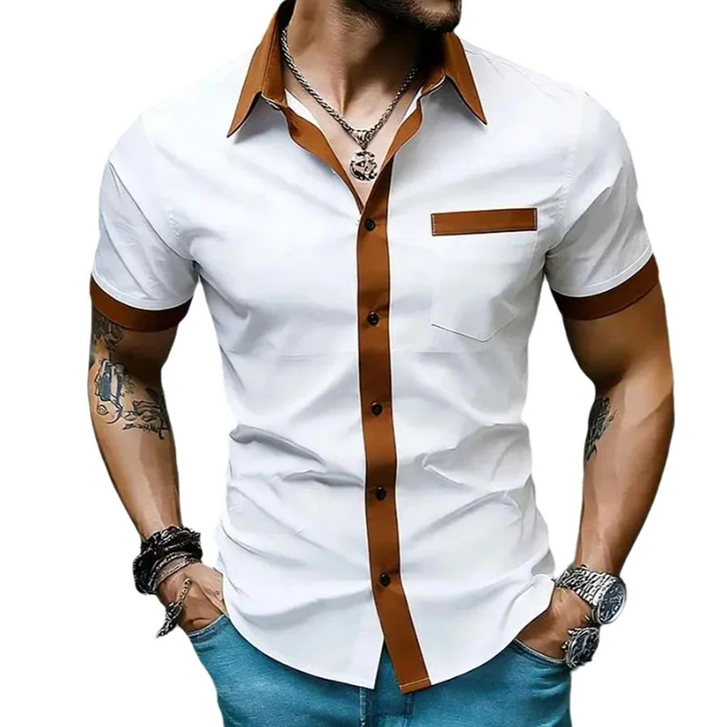

Summer Men's Short Sleeve Shirt Color Block Patchwork Casual Pocket Basic Fashion Contrast Office Work Daily Top