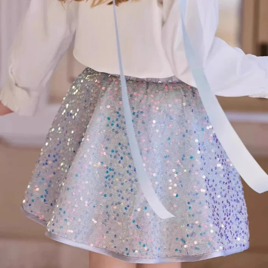 Iridescent Sequin Skort Kids Girls Soft Cased Waist Flared A-Line Mini Skirt For Recital Gala Birthday Bash Dress-Up Play Bottom