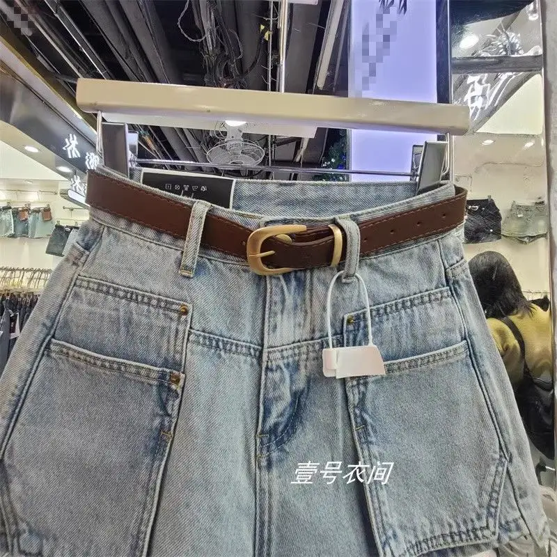 Retro Denim Shorts for Women 2025 European New Style Design Big Pocket Hotties Small A-line Wide-leg Hot Pants