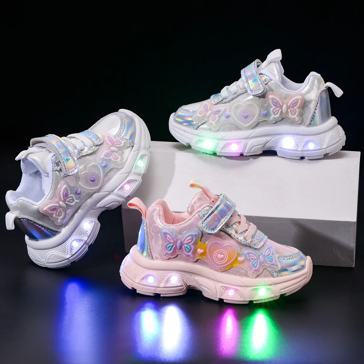 Kids'Casual Shoes Led Light Solid Color PU Leather Autumn Fashion Shoes For Girls Breathable Anti-slip White Pink Size 21-30