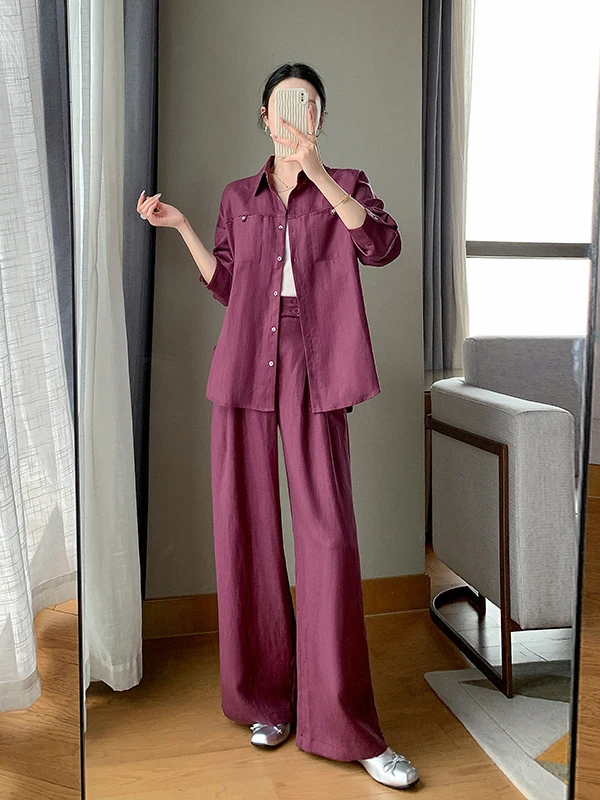 

Повседневный комплект из фиолетовой рубашки и брюк с широкими штанинами для женщин: модный весенний костюм-двойка с высокой талией, свободного кроя, дышащий