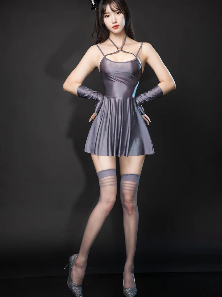 Bandage Sleeveless Tight Uniform Maid Ruffled Dress Stage Wear Sexy Backless Satin Smooth Oil Glossy Pleated Micro MINI Dress