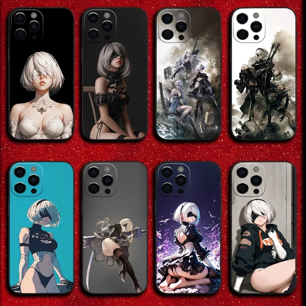 N-NieR A-Automata 2B Phone Case For iPhone 16,15,14,13,12,11,Pro,X,XS,Max,XR,Plus,Mini Soft Black Cover