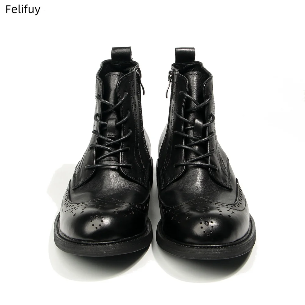 Cowhide Men's Boots Genuine Leather Shoes Men Side Zipper Men Ankle Boots Lace Up Retro Low Heel Boots Luxury Men's Formal Shoes