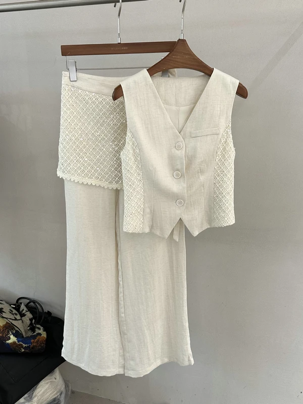 

Women's Cotton Linen Two-Piece Set Spring Summer 2026 Waist-Cinching Grid Pattern Casual Pants Suit Casual Chic Style