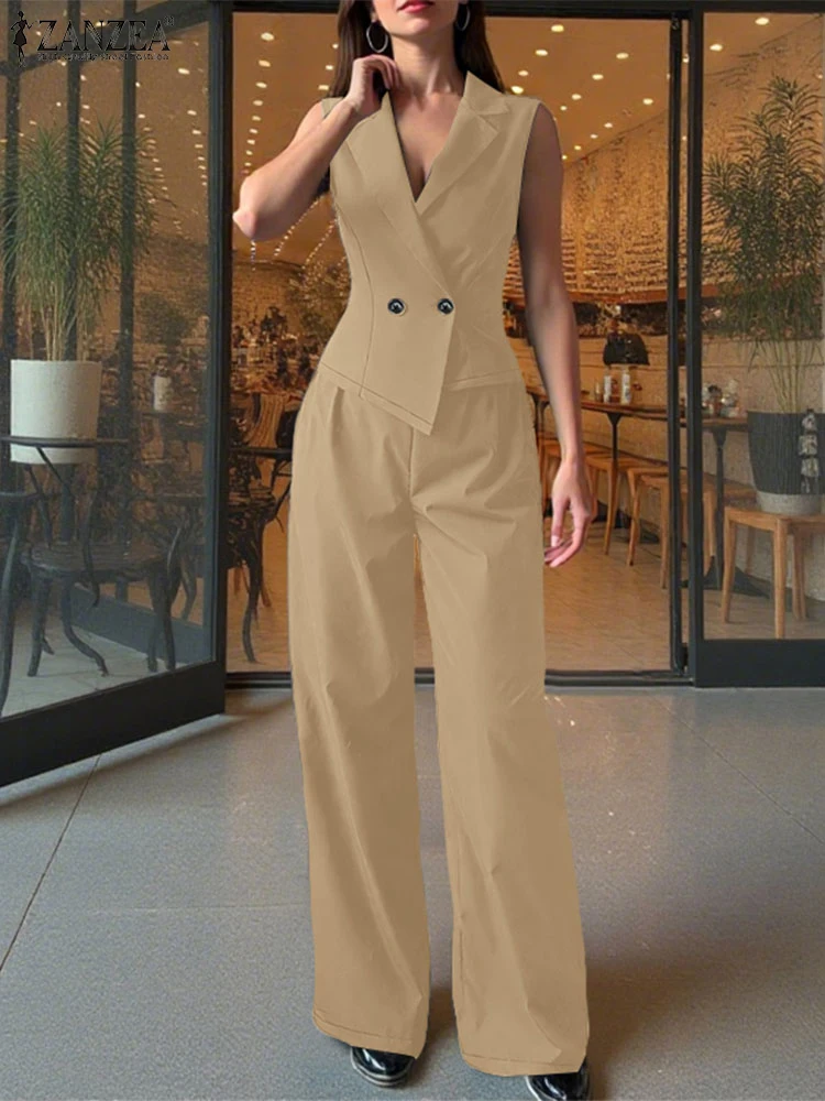 

ZANZEA Women Lapel Neck Asymmetrical Vests Tops 2PCS Outfits Office Wide Leg Pant Commute Elegant 2 Piece Sets Fashion Pant Sets