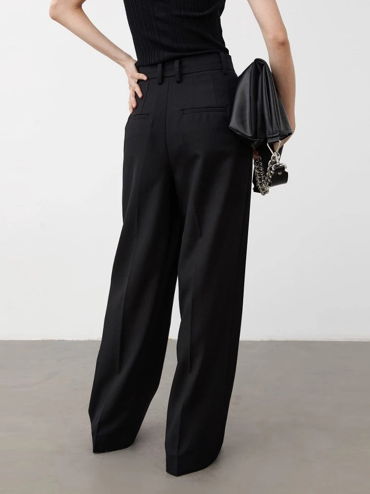 شيك فين النساء السراويل الصلبة الجديدة محبوك الصوفية عادية فضفاض عالية الخصر واسعة الساق دعوى مكتب السيدات بنطلون ربيع الخريف 2025