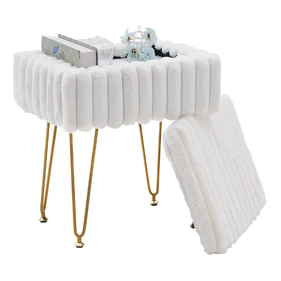 Storage Ottoman, Vanity Stools with Metal Legs, 16.5 x 11.8 x 18 Modern Faux Mink Fur Footstool, Makeup Chair with AntiSlip Feet