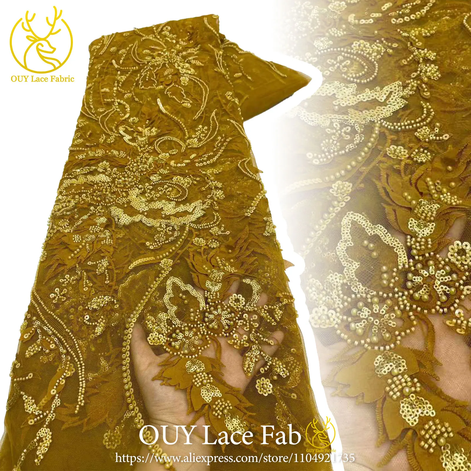 Tessuto africano del pizzo in rilievo 2026 Francese-Nigiano ricamato tulle tessuto di pizzo con paillettes festa di nozze abito da sposa da donna cucito