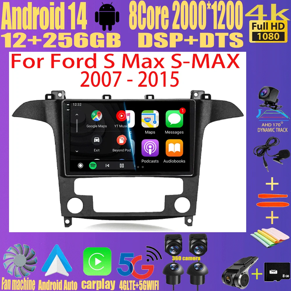 

Android14 Carplay Auto For Ford S Max S-MAX 2007 2008 2009 2010 2011 - 2015 Multimedia Car Radio Player Video WIFI+4G DSP Stereo