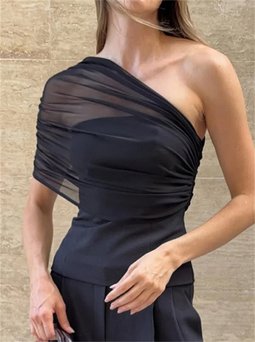 Sisterlinda Summer Trend Off-Shoulder Tank Top Women Simple Mesh Patchwork Single Sleeve Ruched Sexy Fashion Party Streetwear