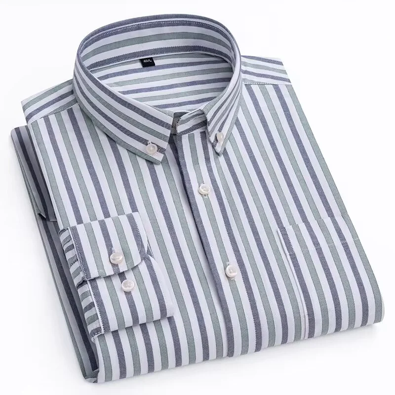 Men\'s 100% Cotton Striped Shirt Casual Long Sleeve Standard-fit Comfortable Button-down Plaid ShirtsSingle Patch Pocket