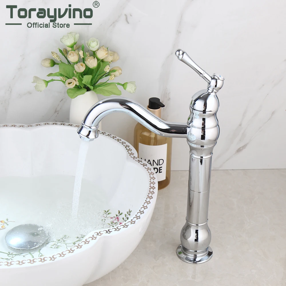 

Torayvino Luxury Chrome Polished Bathroom Faucet Single Handle Deck Mounted Basin Sink Faucet Single Hold Mixer Water Tap