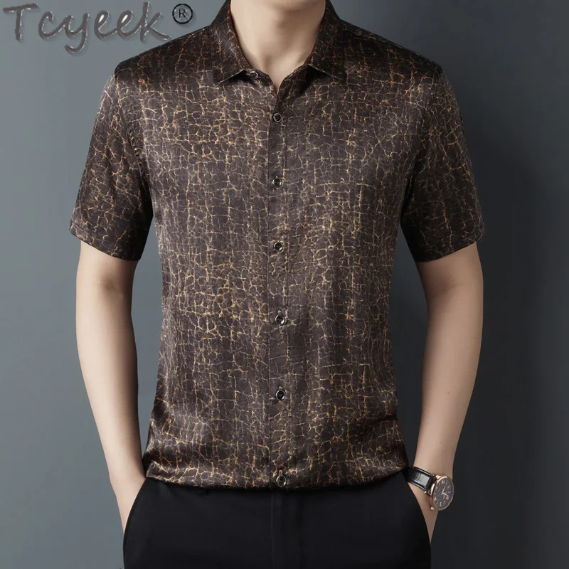 Tcyeek 92% Mulberry Silk Mens Shirt Thin Style Summer Short Sleeve Top 2024 Print Casual Shirts for Men Clothes High-end Shirt