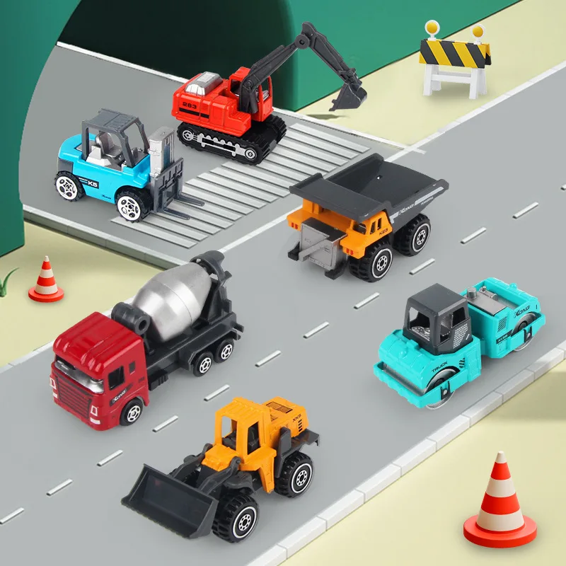 1:64 Die Cast Engineering Vehicle 6Pcs Set Mini Sliding Alloy Model Digger Mixer Forklift Roller Dumper Desktop Display Gift view 3