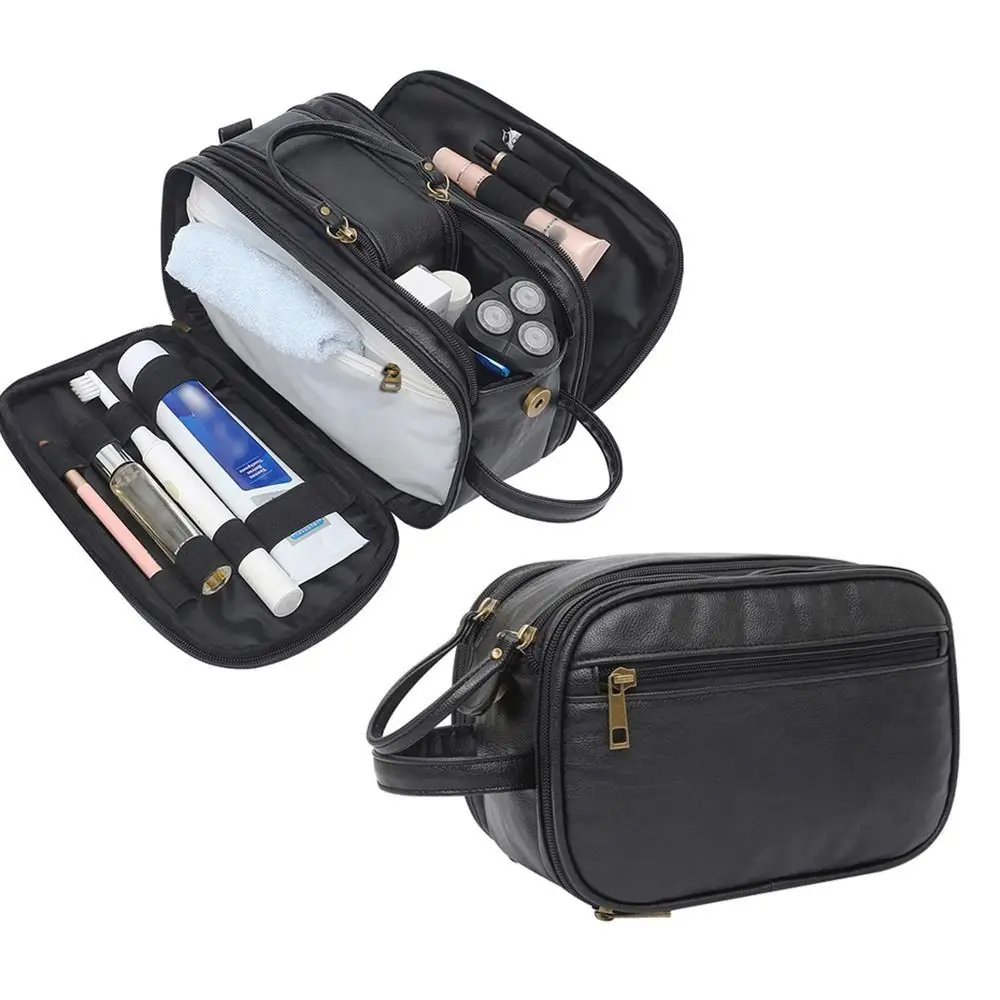 Durable Waterproof Toiletry Bag Portable Double Side Shaving Pouch PU Leather Handle Makeup Organizer Women